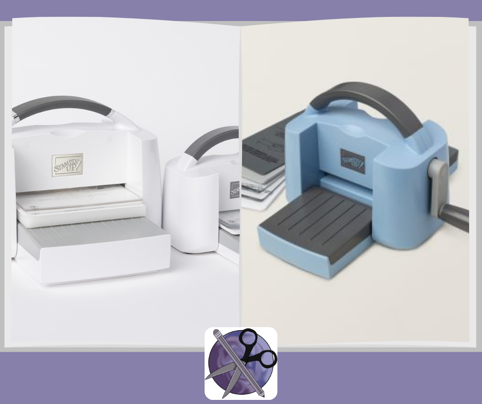 Images of Three Stampin' Cut & Emboss machines.  1.  White regular size 2.  White mini  3.  Boho Blue mini with plates used with the machine