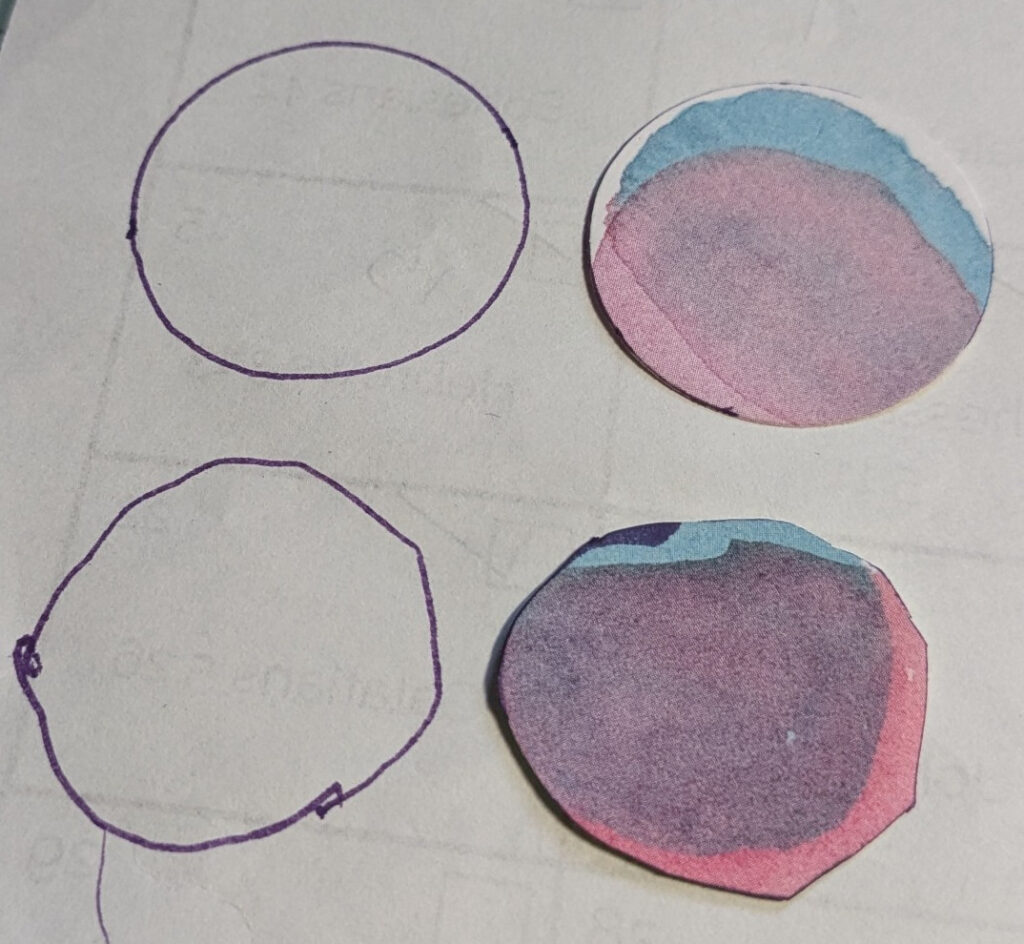 Outlines of circle and cut out circles laying beside their outline.  Die cut circle on top.  Fussy cut  circle on bottom.