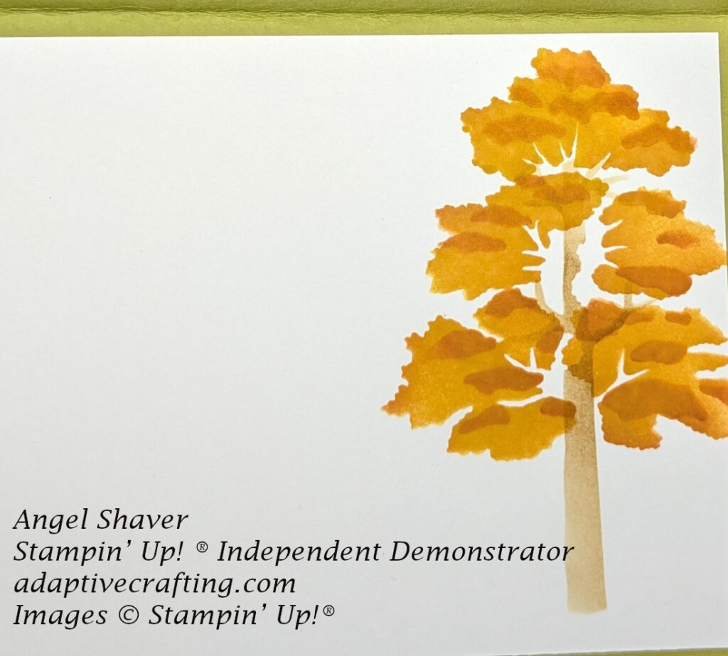 White inside of card with tree created with layering masks.  Has Crushed curry leaves.