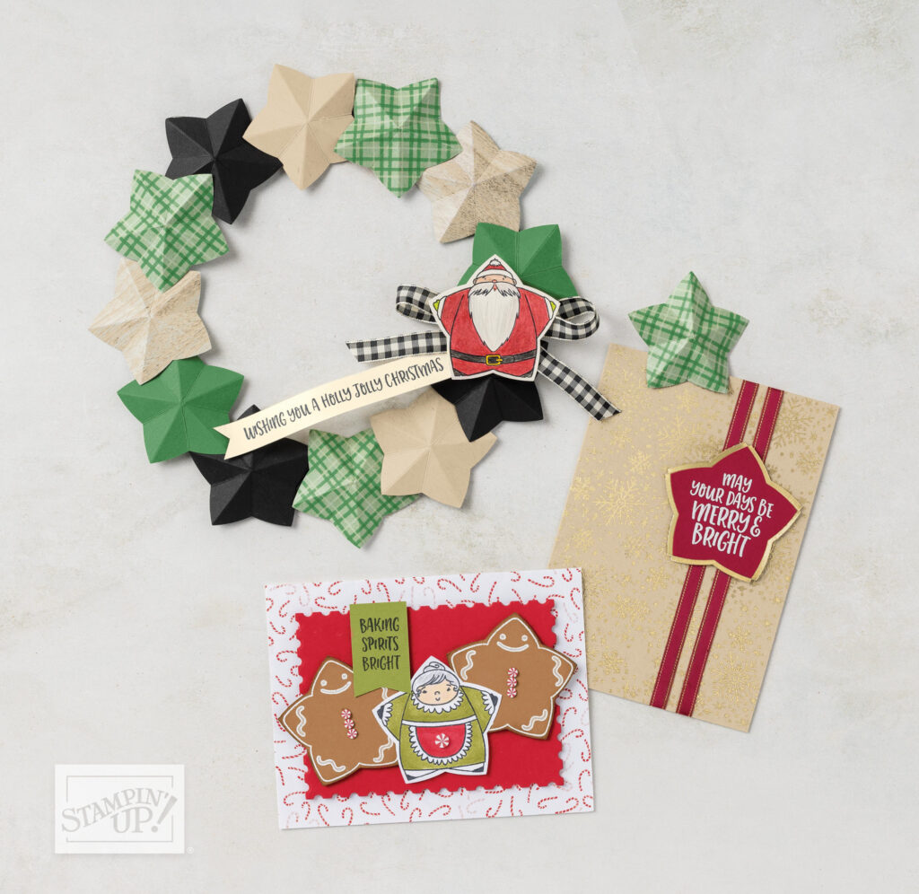 Picture of products made using the Sweetest Star Bundle.  Wreath made of green, beige, and black stars with a Santa Claus star with black and white ribbon behind it.  Card made with crumbcake colored patterned paper with snowflakes, two vertical lines of cherry cobbler and gold ribbon and topped with a red star with sentiment on it.  White card with red rectangle frame with three stars--Mrs. Claus and 2 gingerbread cookies.