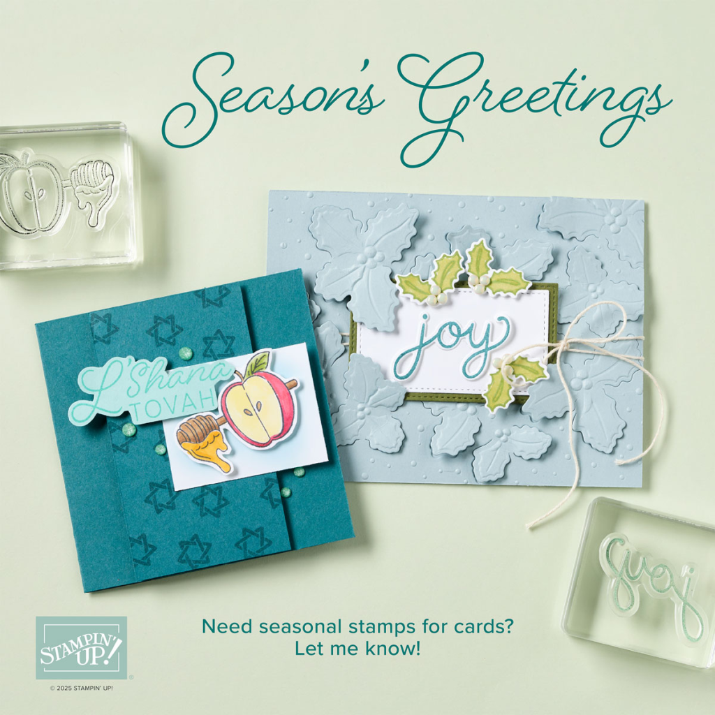 Image of text: "Season's Greetings  Need seasonal stamps for card?  Let me know."  Photo of Christmas card and Hannukah card.
