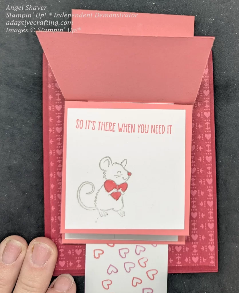 Waterfall card with a stamped mouse holding a heart and sentiment that says, "so it's there when you need it"