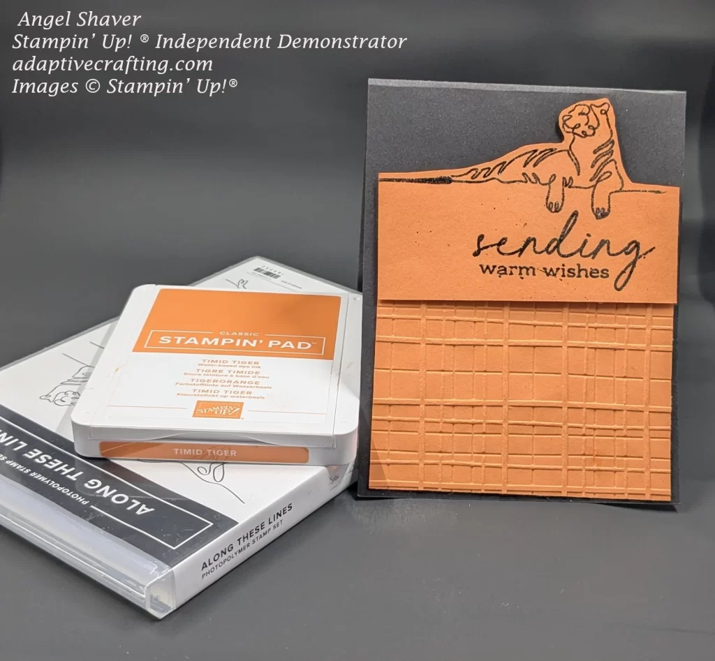 Picture of Along These Line stamp set and Timid Tiger ink pad. There is a black card with orange front layer embossed with plaid embossing folder and stamped image of tiger and sentiment that says, "sending warm wishes" heat embossed with black embossing powder.