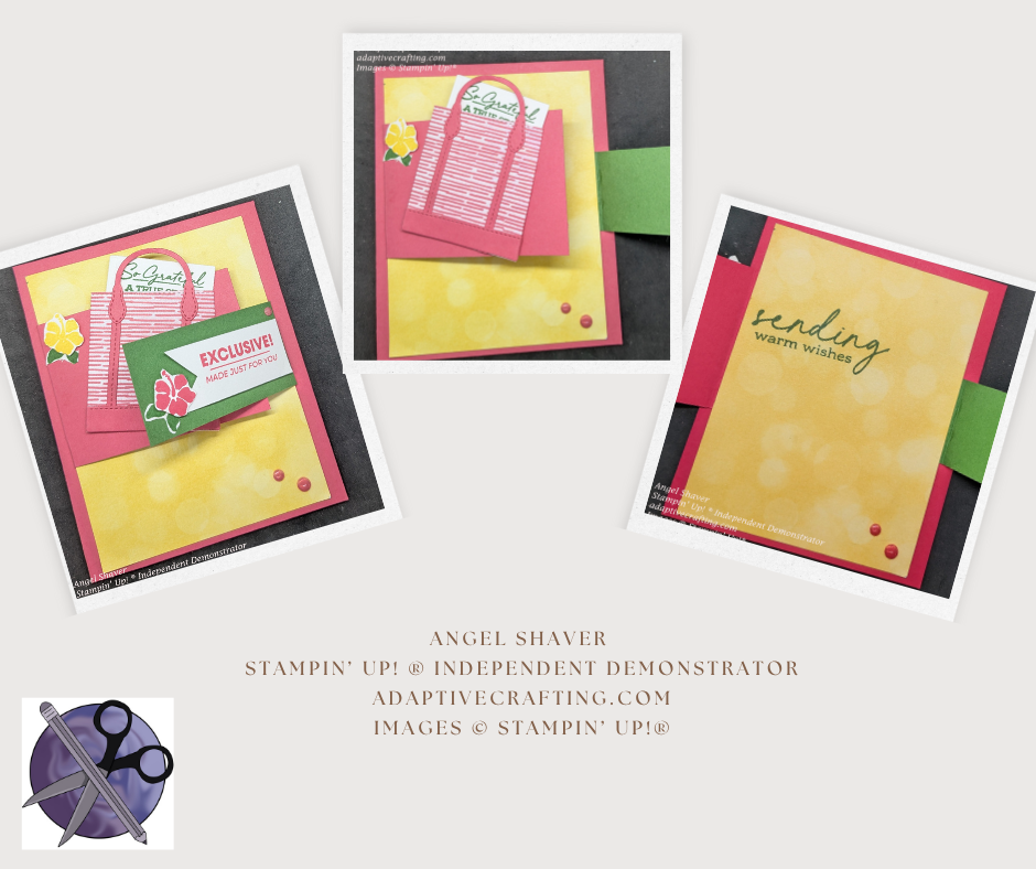 Three pictures showing fun fold card.  Pink card with yellow bokeh patterned paper.  First wider flap come from the left.  It is pink with a pink striped tote bag with pink straps.  There is a yellow flower on that flap.  Top green flap comes from the right and is narrower with a white flag with a sentiment "Exclusive Made just for you" There is a pink flower on that flap.  Three photos show 1.  Card Closed  2.  Smaller green flap open.  3.  Both flaps open revealing sentiment: "Sending warm wishes"