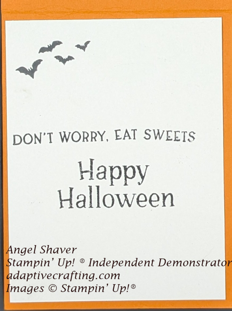 Inside of card with bats stamped at top left.  Image of text that says, "Don't worry.  Eat sweets.  Happy Halloween!"